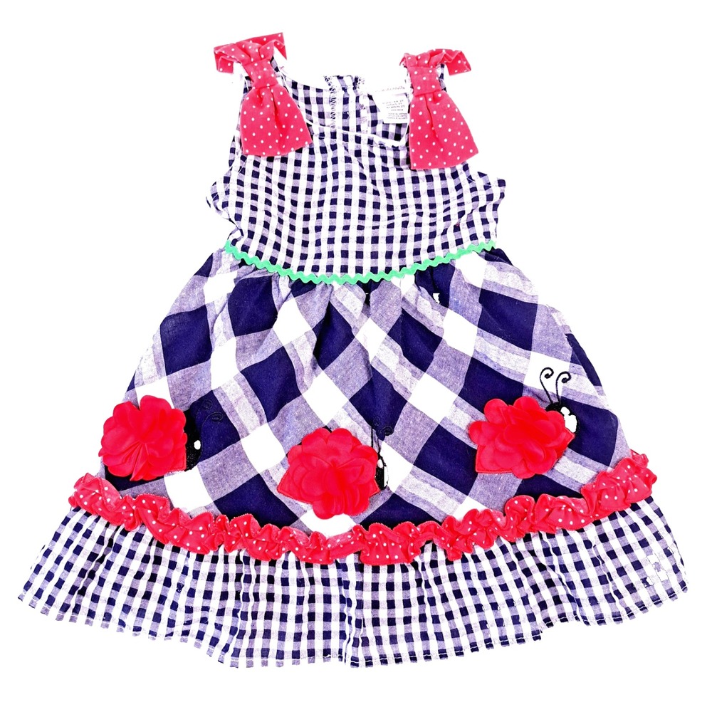 Youngland Sundress Girls 2T‎ Black White Plaid Gingham Ladybug Flower Dress